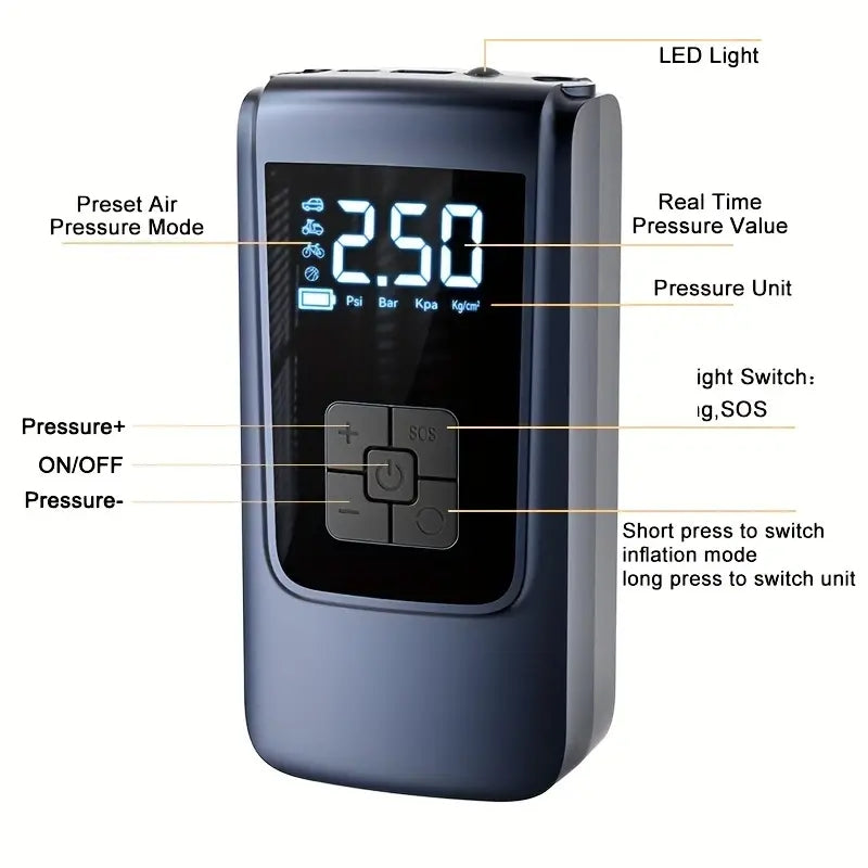 საბურავის უსადენო პორტატული ტუმბო/ჰაერის კომპრესორი SUITU 150 PSI 18650 Series Lithium Battery